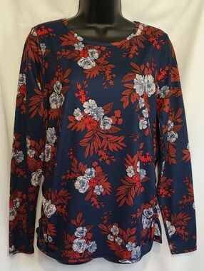 Lands' End Navy Floral Long-Sleeve Blouse with Red and White Flowers